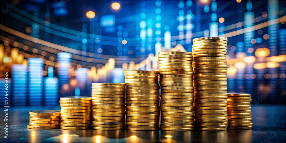 Aufkleber gold coins are stacked in varying heights on a tabletop, while bright financial graphs and digital d