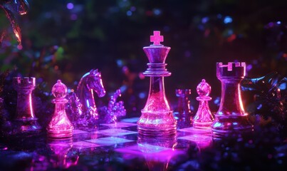 Intense chess game scene with glowing pink and purple pieces, illuminated by dramatic lighting, evoking strategy and focus