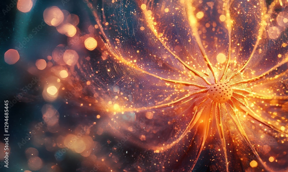 Poster intricate close-up of a delicate dandelion seed head illuminated by glowing light, creating a soft a