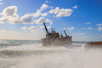 Shipwreck near rocky coast with waves, Greece, Cyprus, Paphos, 24.11.2025

