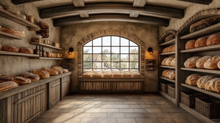 Bakery Bread Display.  Fresh Loaves in Rustic Shop, Bakery Products on Shelves for Sale, Delicious Baked Bread