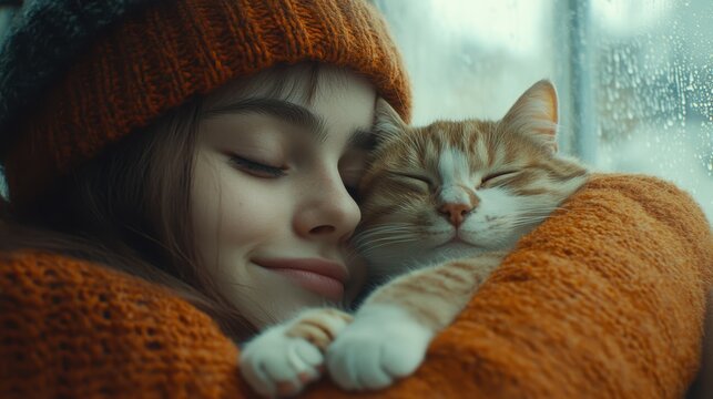 Girl Hugging Orange Tabby Cat Near Window, Cozy Winter Day Warmth and Tenderness