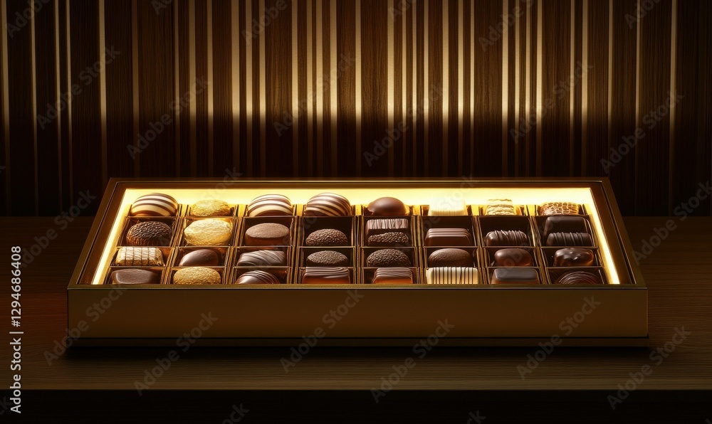 Poster luxurious display of assorted chocolates arranged neatly in a gold-lined box illuminated by soft glo