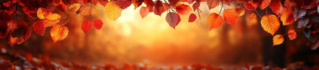 Fototapeta premium Vibrant Autumn Leaves Frame Golden Sunset Background. Generative AI
