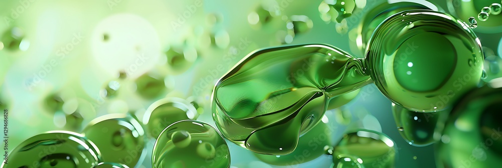 Poster close-up of abstract green transparent spheres or cells interconnected. detailed macro texture with 
