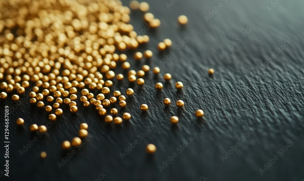 Poster macro shot of luxurious golden particles scattered elegantly on a sleek dark surface illuminated by 