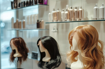 Hair wigs different colors and styles on mannequins in beauty salon