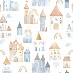 Fototapeta premium Whimsical watercolor village pattern featuring charming houses and vibrant rainbows. Seamless pattern. Generative AI