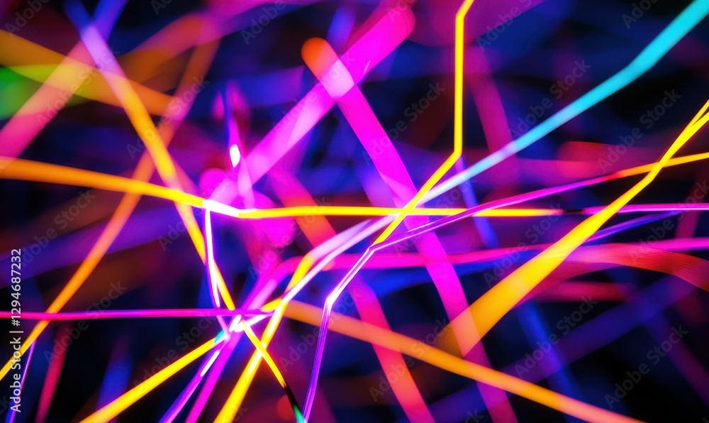 Poster macro shot of vibrant neon lines glowing dynamically in a futuristic network pattern, symbolizing co