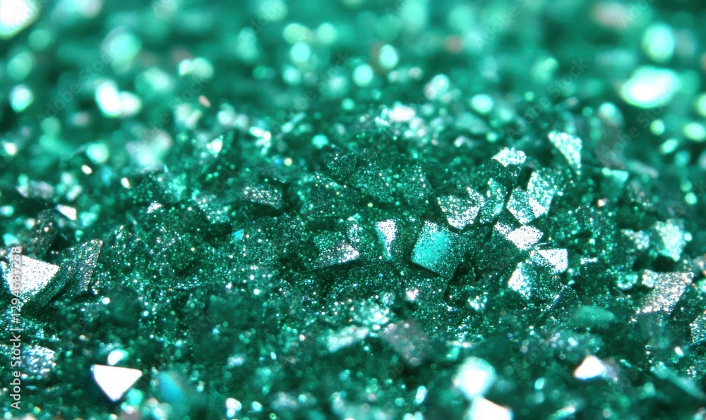 Poster macro shot of vibrant green glitter particles reflecting soft light, creating a dynamic and festive 