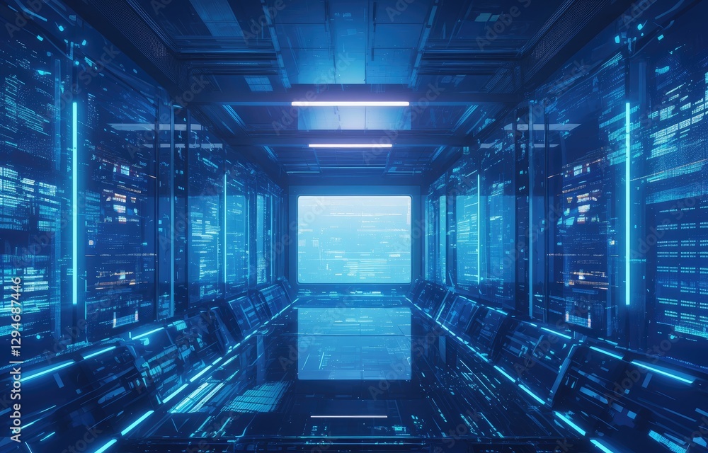 Poster a futuristic high-tech control room with glowing blue digital panels and a central display, symboliz