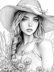 Coloring page for adults, beautiful girl in sundress field among flowers in summer