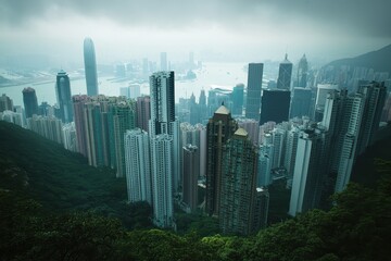 Obraz premium Scenic View of Victoria Peak Tram in Hong Kong, Showcasing Urban Skyline and Serene Landscape