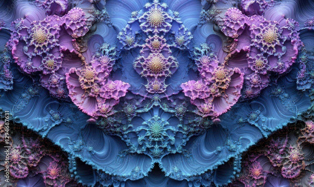 Poster mesmerizing fractal design in glowing cyan and violet tones, complex symmetrical patterns radiating 