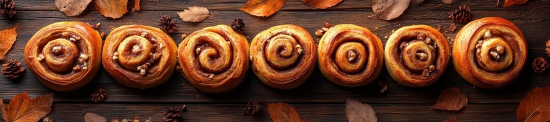 Fototapeta premium Full View of Cinnamon Rolls with Nuts on Wooden Table with Autumn Decorations. Generative AI