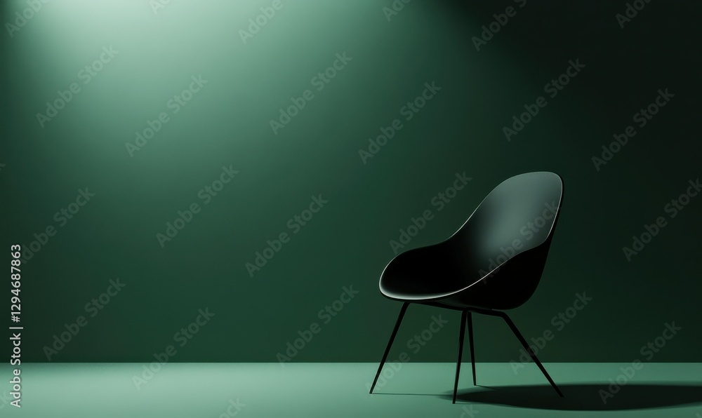 Aufkleber minimalist black chair set against a deep green background illuminated by diffused light, creating a