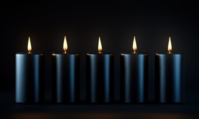 Minimalist black candles softly glowing against a dark background, their flickering flames creating a serene and calming atmosphere for meditation or relaxation