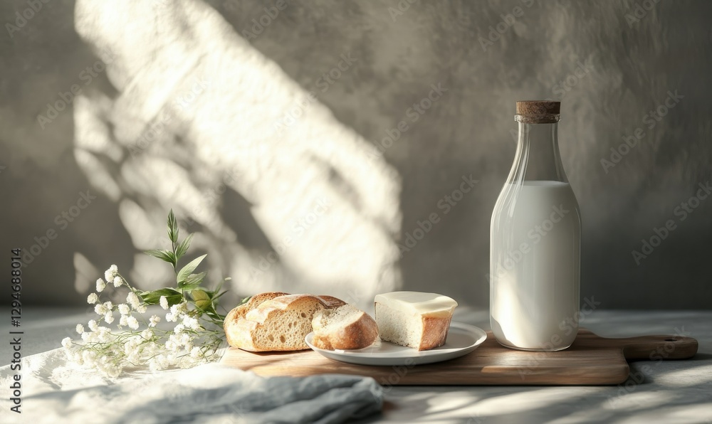 Poster minimalist breakfast setup with a bottle of milk, rustic bread, and a simple plate, soft natural lig