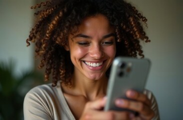 Happy young woman looking at cell phone. Smiling curly woman texting, close up