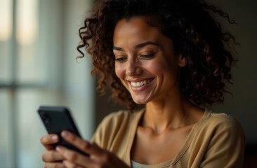 Happy young woman looking at cell phone. Smiling curly woman texting, close up