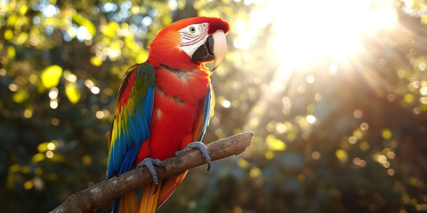 Scarlet macaw perched on branch in sunlit tropical forest, displaying vibrant red, blue, and yellow feathers with blurred green foliage background