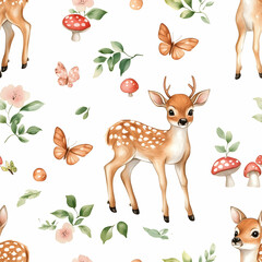 Fototapeta premium Delicate illustrations capture a serene woodland theme with playful fawns, vibrant butterflies, and lush green leaves. Seamless pattern. 