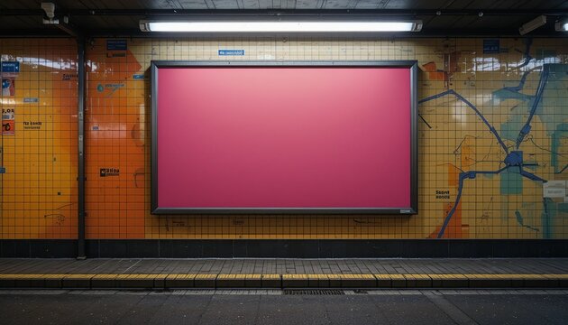 Subway platform showcasing a vibrant pink billboard, set against tiled walls with a map design, creating an urban advertisement backdrop.