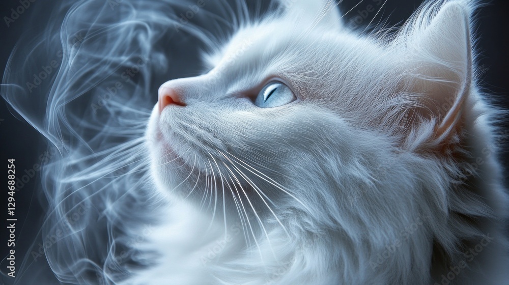 Poster A fluffy white cat with striking blue eyes contemplates the world as ethereal wisps of mist gently float around it in a softly lit environment, creating an enchanting atmosphere