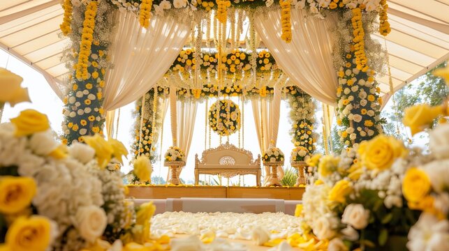 Beautiful Indian wedding decoration with yellow and white flowers on the mandap.