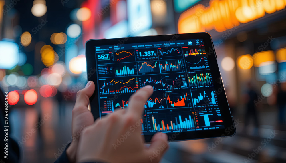 Aufkleber a person is holding a digital tablet displaying stock market graphs and data while surrounded by a l