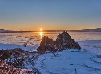 Sunset Over the Frozen Lake Baikal at Shaman Rock