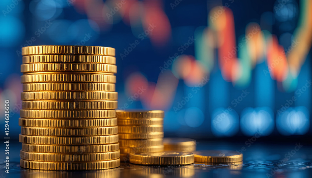 Poster stacks of golden coins are positioned prominently with a background displaying colorful financial ch
