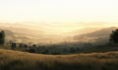 Rolling hills and misty valley under a golden morning sky.