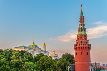 Fototapeta premium Vodovzvodnaya Tower at southwestern corner of Moscow Kremlin, overlooking Moscow River. Moscow, Russia