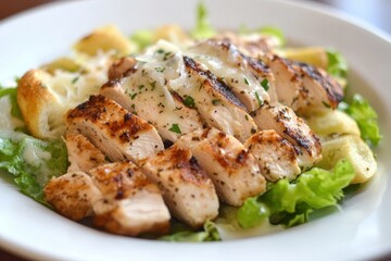 Savory Chicken Caesar Salad with Grilled Poultry, Fresh Romaine, and Parmesan Cheese