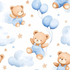 Naklejka premium Cheerful bears in overalls floating with balloons amidst fluffy clouds and soft stars. Seamless pattern. Generative AI