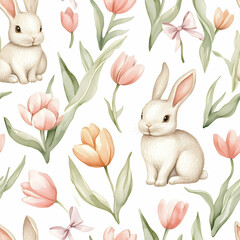 Delicate spring pattern featuring playful rabbits among blooming tulips and gentle greenery. Seamless pattern. Generative AI