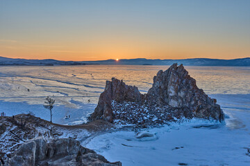 Sunset Over the Frozen Lake Baikal at Shaman Rock