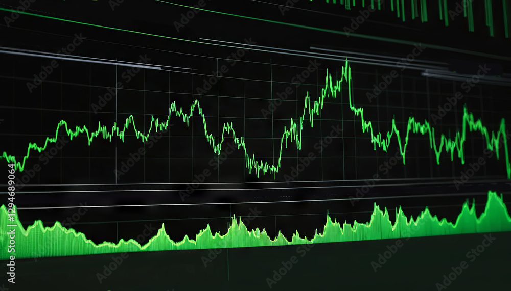 Poster green line graphs display stock market trends and fluctuations. data visualizations provide a detail