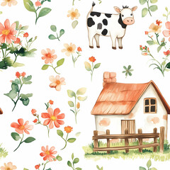 Fototapeta premium Charming countryside pattern featuring flowers, a quaint house, and a playful cow in a whimsical design. Seamless pattern. Generative AI