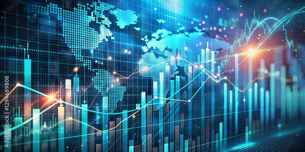 Poster A vibrant digital representation showcases a world map intertwined with financial graphs. Bright lines and bars depict market trends, illuminating the data in a modern, dynamic style