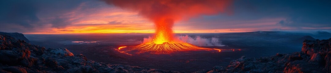 Volcano Eruption at Sunset with Flowing Lava. Generative AI