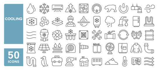 Set of 50 line icons related to cooling, cool, fridge, freezer, airflow, snow, cold, ventilation, breeze, vent, unit, snowflake, Editable stroke. Vector illustration