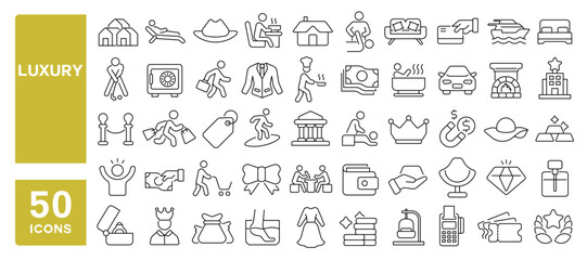 Set of 50 line icons related to luxury, rich, gold, wealth, money, affluence, expensive, villa, car, yacht, diamond, luxurious, Editable stroke. Vector illustration