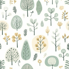 Delightful seamless pattern of whimsical trees and foliage in soft pastel shades celebrates nature's beauty. Seamless pattern. Generative AI