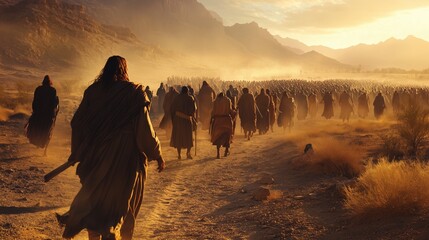 A group of people walking in desert. Exodus is the first time that moses has crossed the border. A group of israelites escape from the desert. A crowd of individuals strolling through the lifestyle.