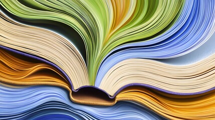 An open book with colorful pages resembling flowing leaves, symbolizing knowledge and creativity