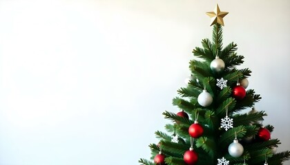 Un &aacute;rbol de Navidad con una estrella dorada encima, decorado con adornos rojos y plateados y copos de nieve blancos, sobre un fondo blanco