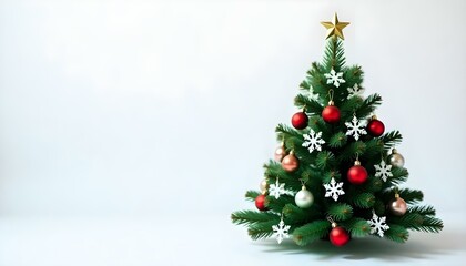 Un &aacute;rbol de Navidad con una estrella dorada encima, decorado con adornos rojos y plateados y copos de nieve blancos, sobre un fondo blanco