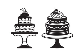 Cake Silhouette Icon with Decorative Layers and Cherry Topping